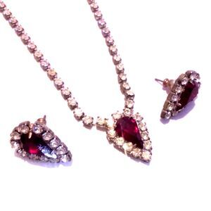 Vintage Prong Set Red and Clear Rhinestone Necklace and Earring Demi Parure